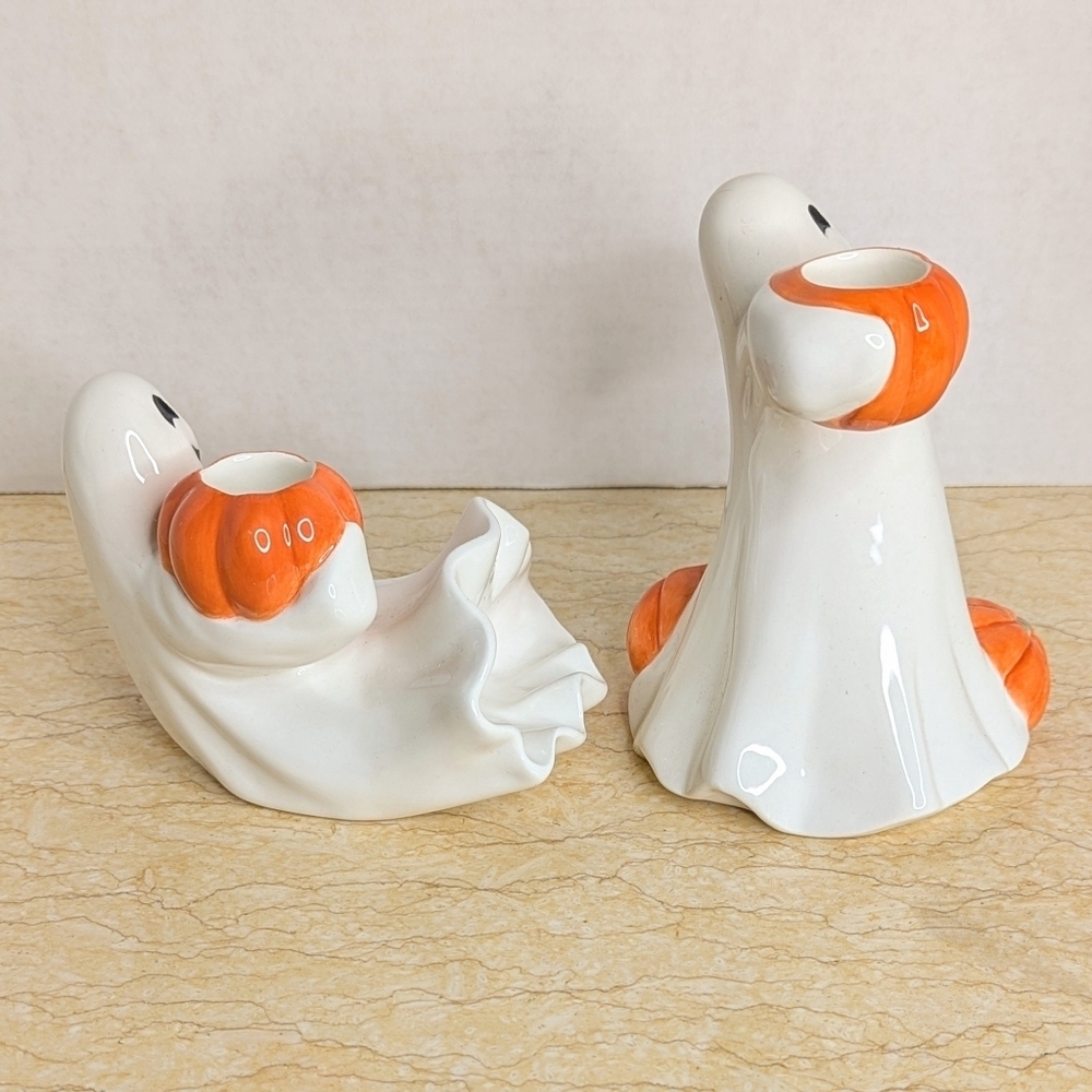 Vintage Fitz & Floyd Halloween Pair Ceramic Candle Holder Ghost Pumpkin Figurine - Picture 6 of 15